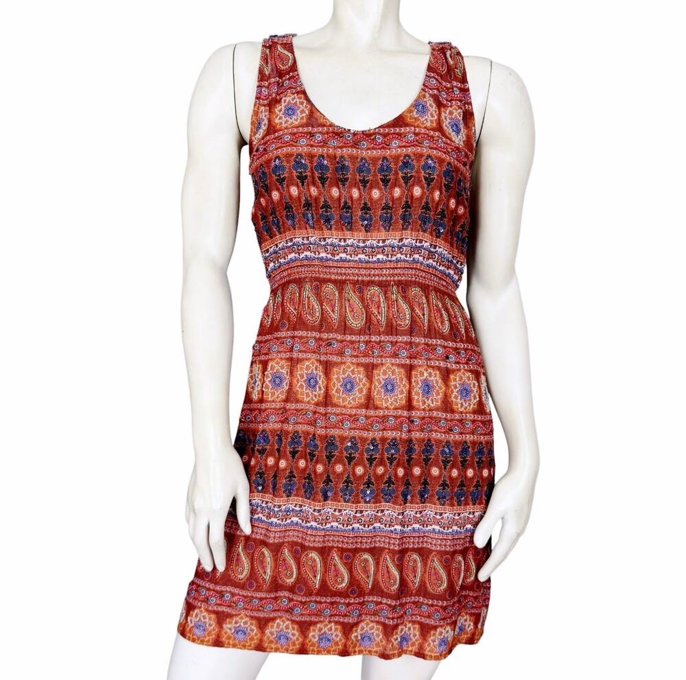 Zara Beaded Rust Paisley Print Sleeveless Mini Dress - XS